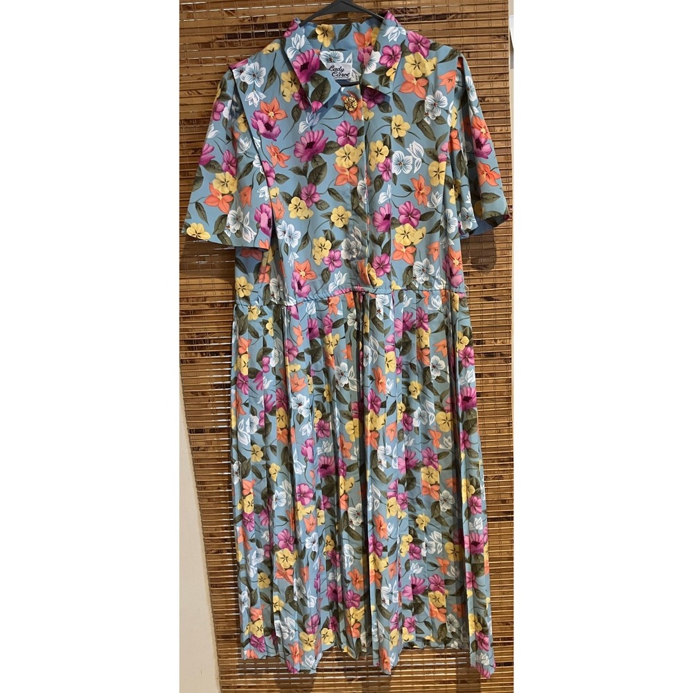Lady Carol of New York Vintage Floral Pleated‎ Midi Dress Blue Short Sleeve 80s